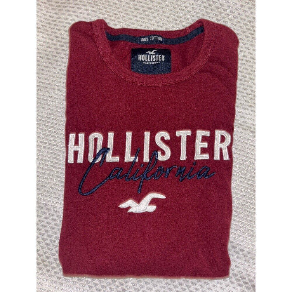 Hollister Men’s Red Long Sleeve Crew Neck Graphic Logo Cotton Knit T-Shirt